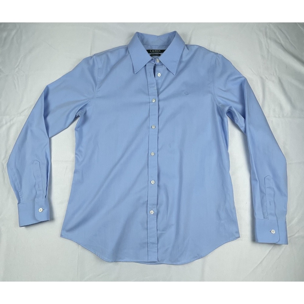 LAUREN RAPH LAUREN WOMENS BLUE NON IRON BUTTON UP SHIRT MEDIUM STRETCH COTTON